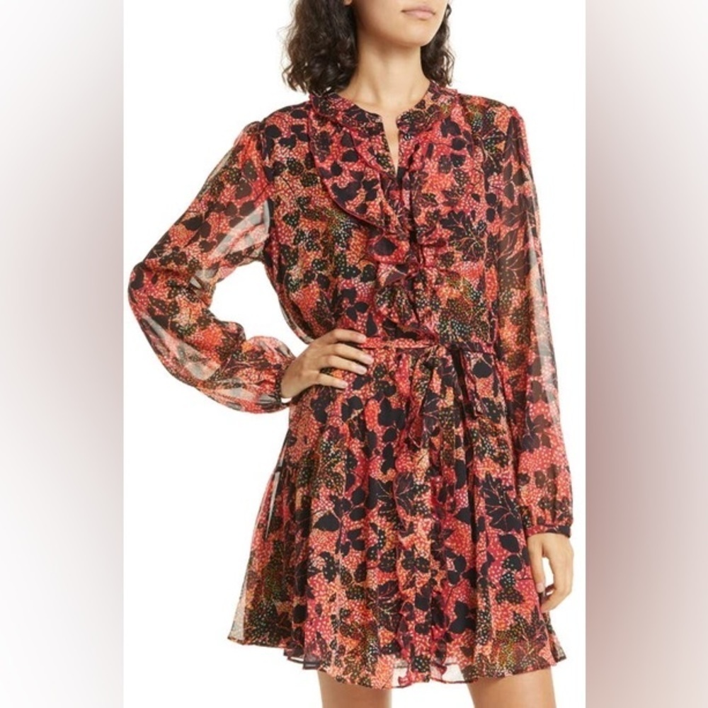 Saloni Tilly Ruffle C Dress Laurel Red Black Leaf Dotted Mini Long Sleeve Silk 2